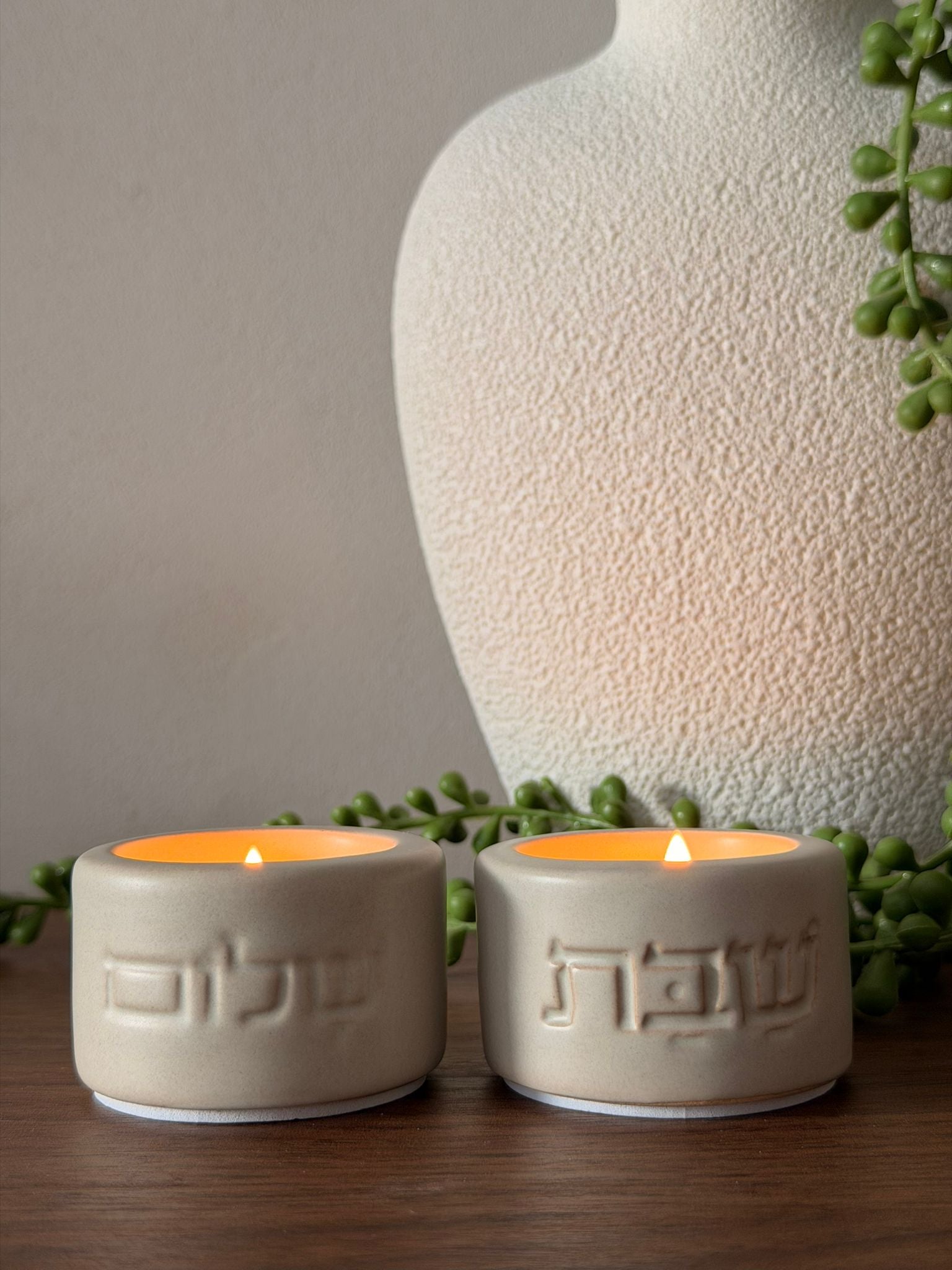 סט פמוטי חרס שבת שלום גוון אבן