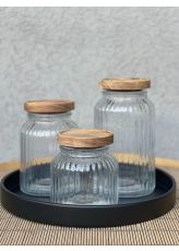 סט 3 צנצנות זכוכית עם מכסה עץ